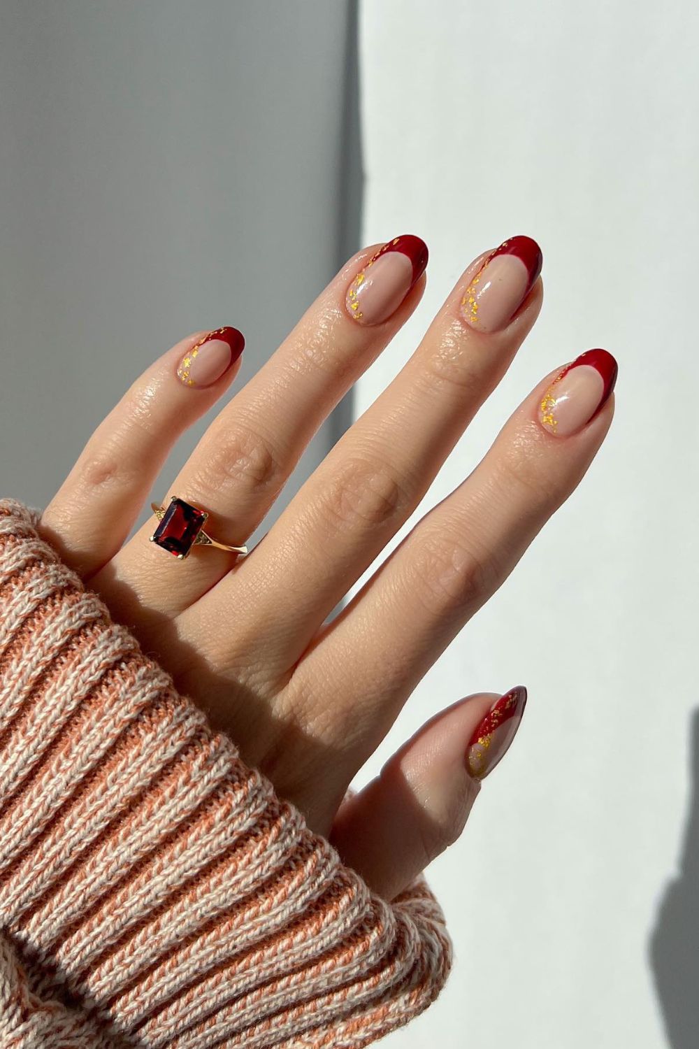 Red French Tips with Gold Flakes