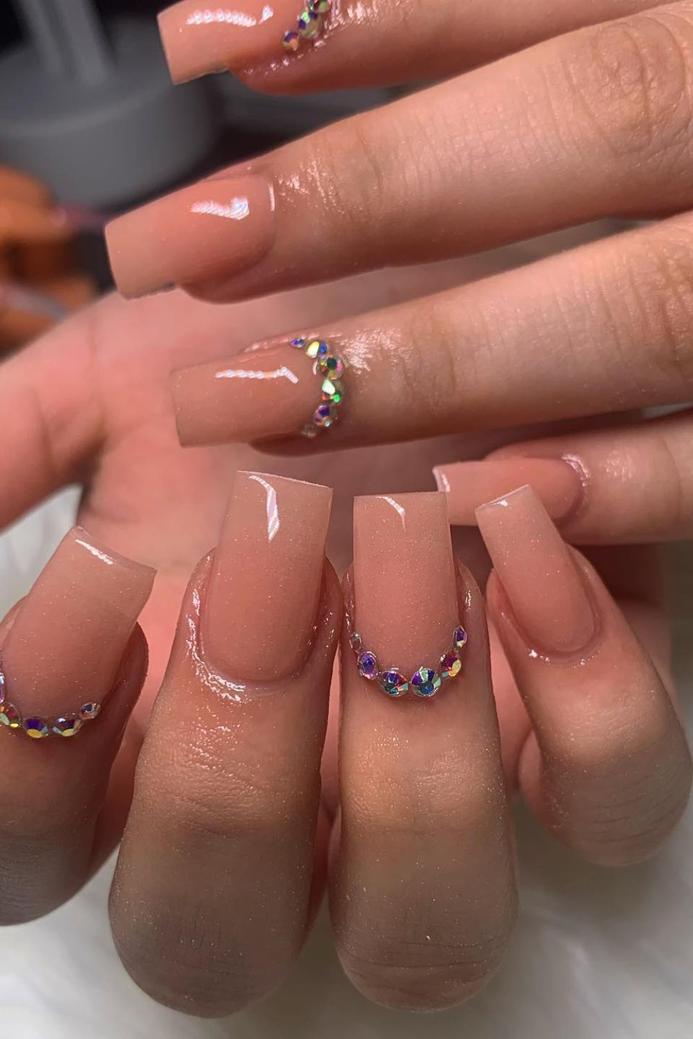 Nude Coffin Nails With Sparkling Gems
