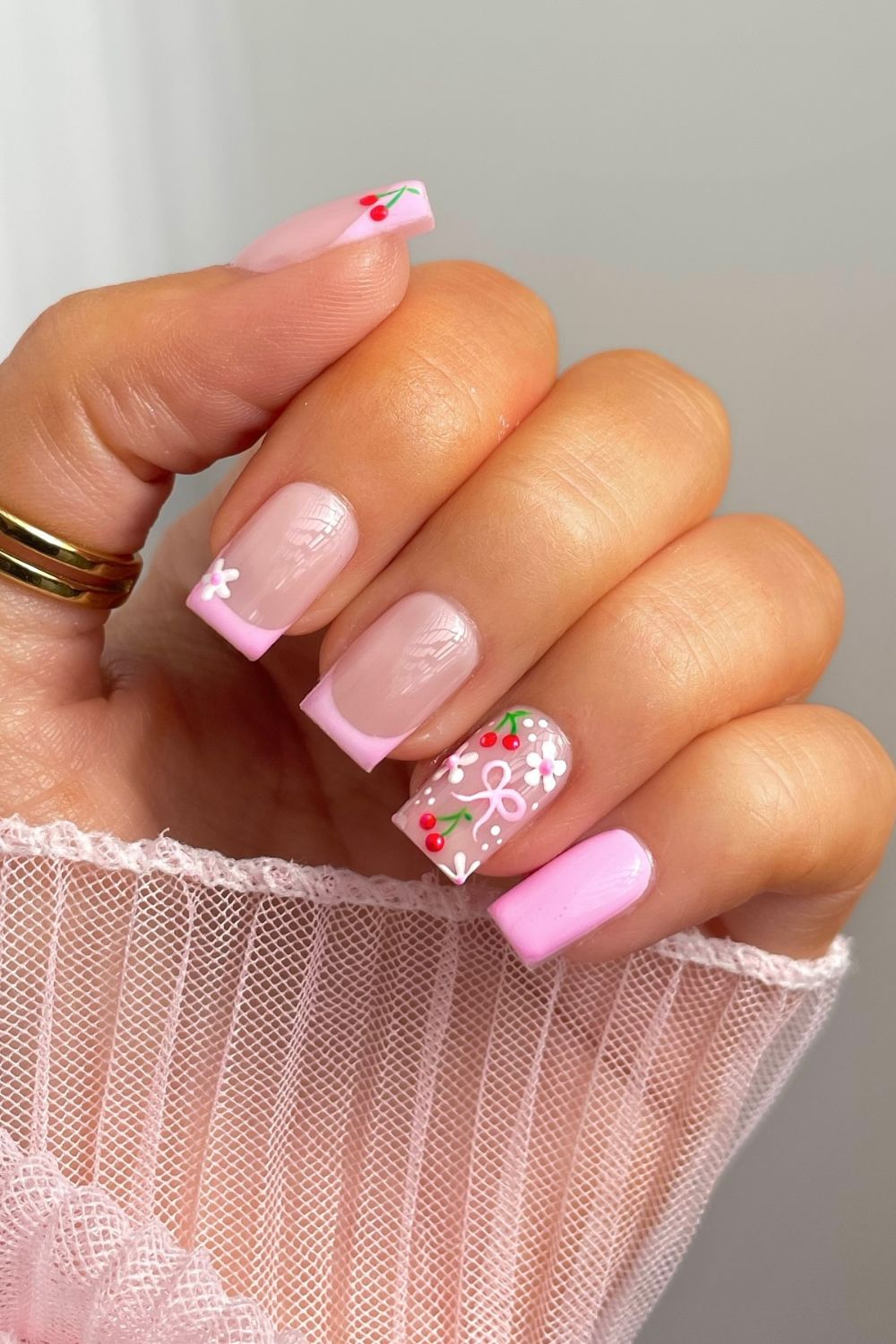 Square Nail With French Tip And Cherries