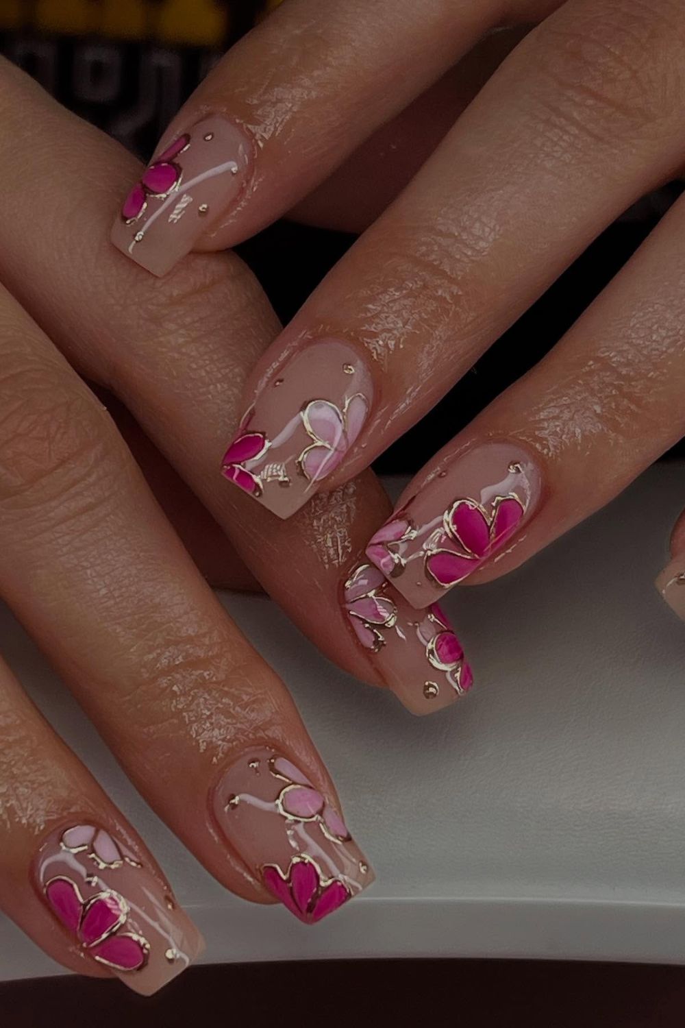 Spring Long Square Nails With Gold Florals