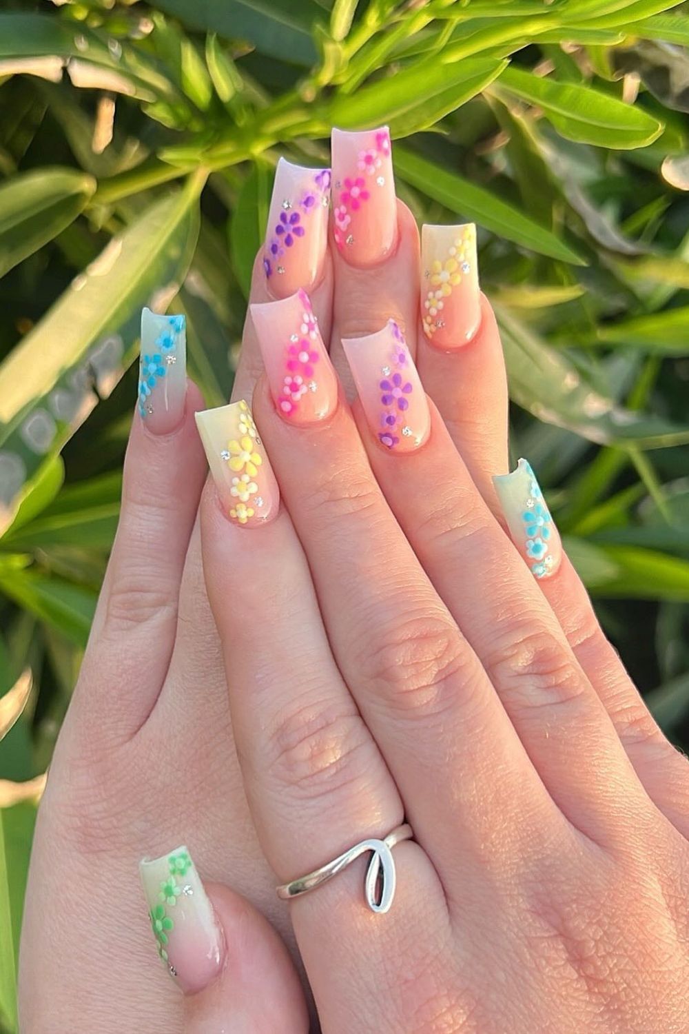Cute Square Nails Design With Colorful Flowers