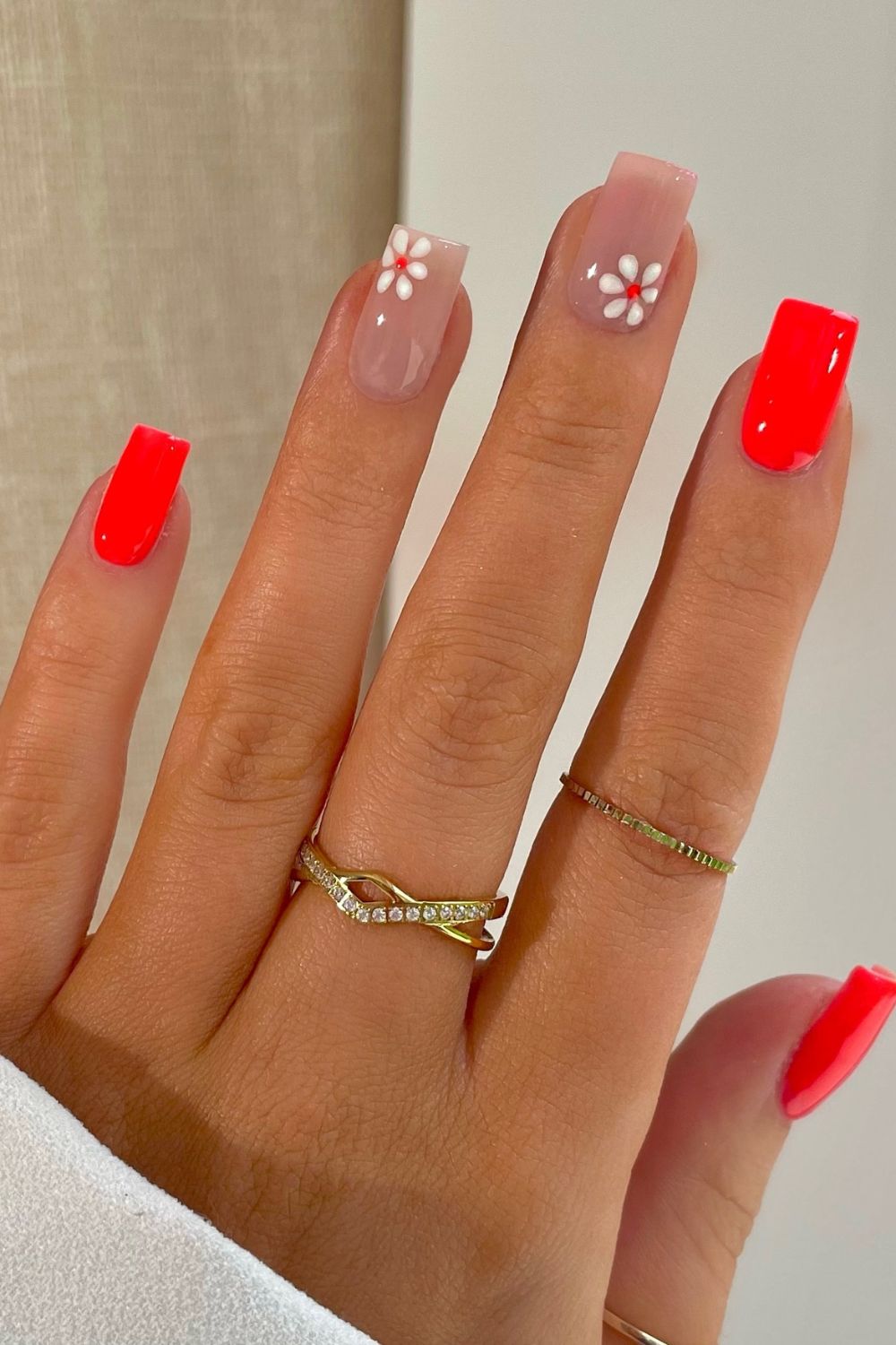 Short Square Nails With Flowers And Neon Accents