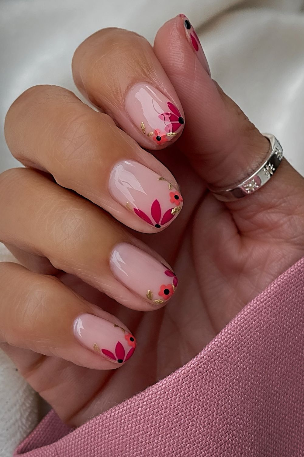 Short Square Nails With Flowers And Gold Accents