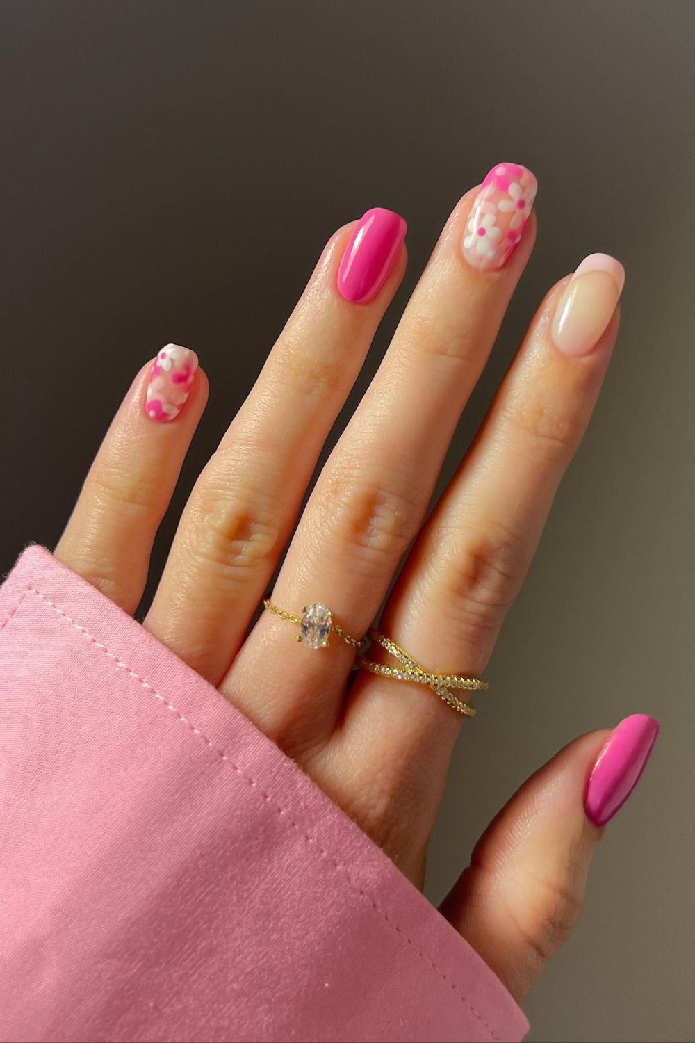 Pink Nails Square With Floral Accents