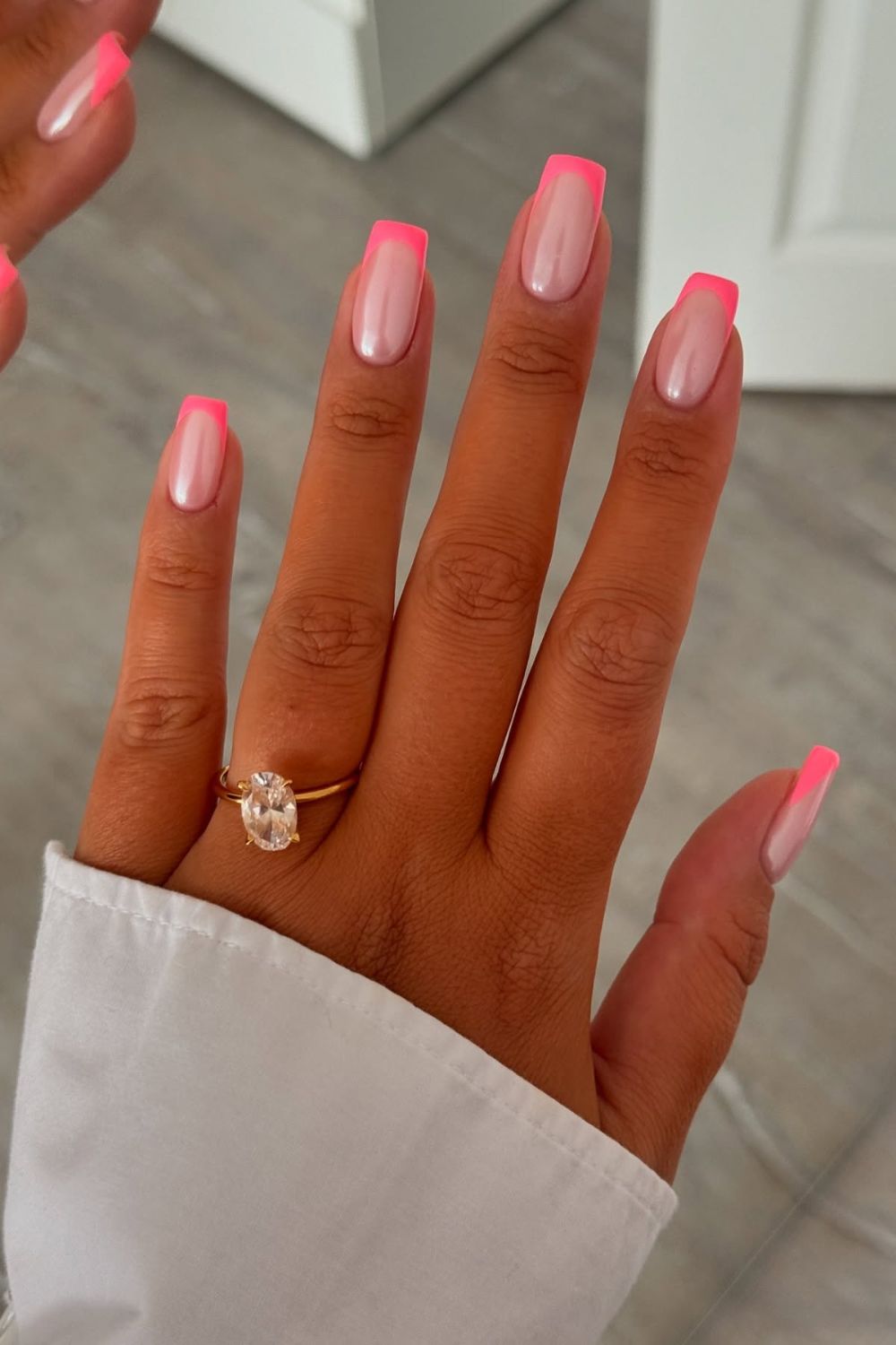 Square Nail With French Tip In Neon Pink