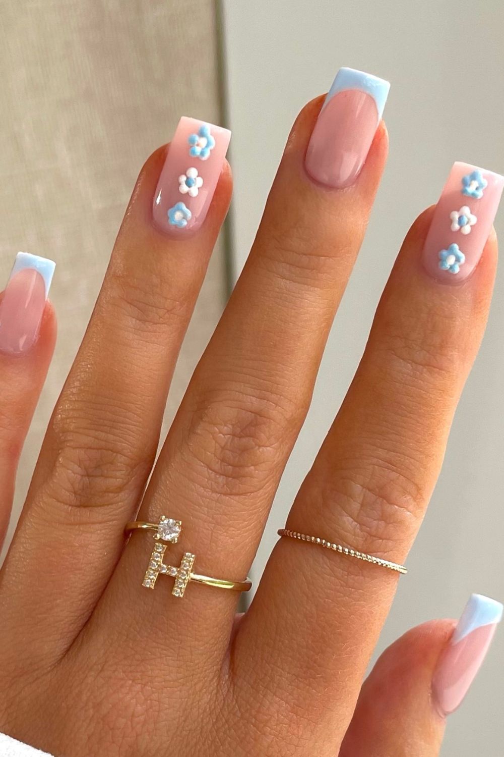 Cute Square Nails Design With Blue Florals